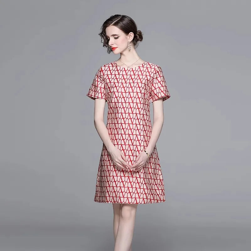 WW | Neue Mode Geometrie Jacquard Kurzarm Sommerkleid Chic Elegant Temperament A-Linie Rundhalskleid Frauen Vestidos