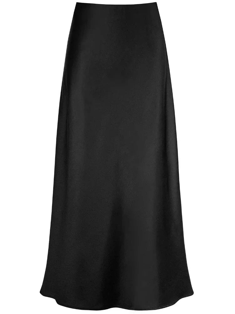 WW | Frauen Satin Seiden Röcke Sommer Frühling Koreanische Mode Kleidung Büro Damen Lange Röcke Elegant Schwarz Maxi Röcke für Frauen