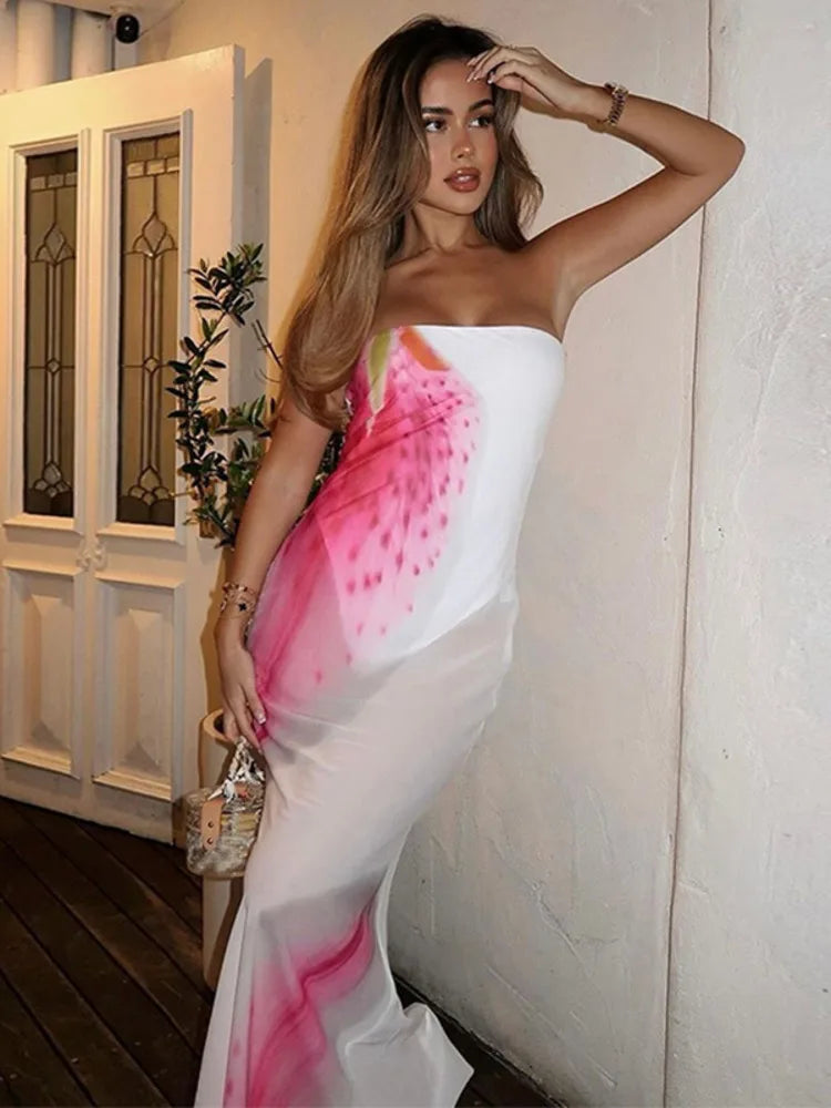 WW | Mesh Floral Print Sexy Maxi Kleid für Frauen Gown Off Shoulder Strapless Ärmless Rückenfrei Bodycon Club Lang Kleid