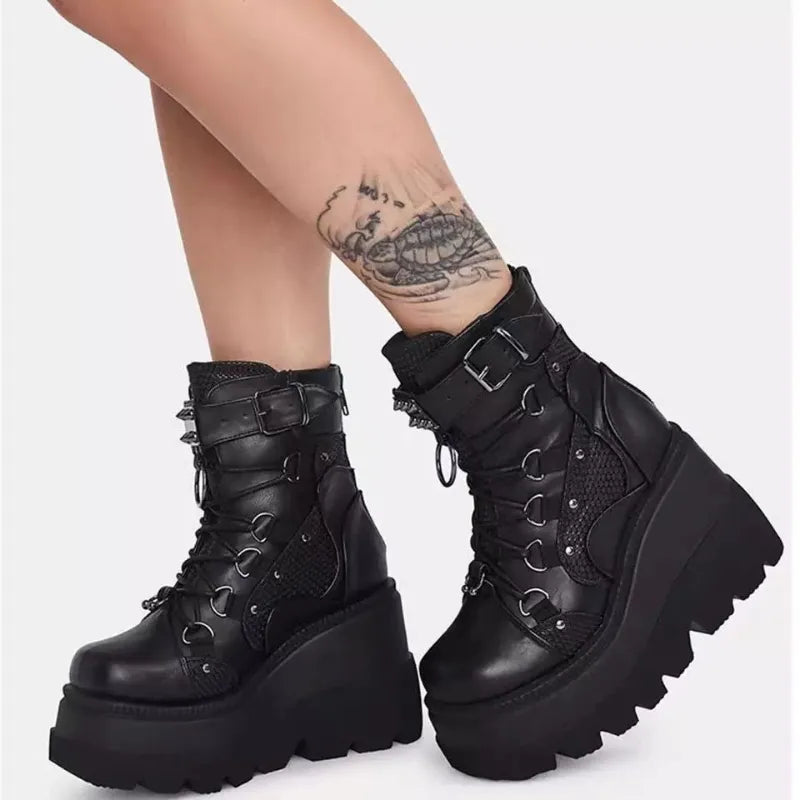 WW | Damen Punk Stil Dicksohlige Keilabsatz Reiterstiefel Große Größe Kreuzschnürung Dicksohlige Mittelrohr Damen Gothic Cowboy Stiefel