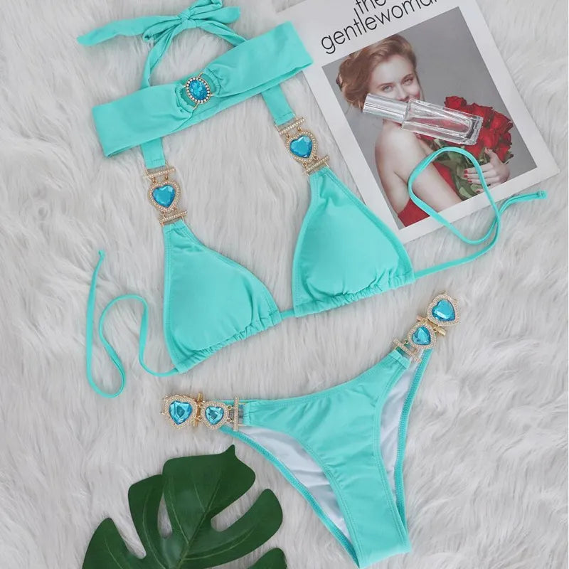 WW | Pink Sexy Bikinis Schwimmbekleidung mit Herz Strass Damen Bademode Female Push-Up Bikini Strand Bademode Badeanzüge Pool Badebekleidung