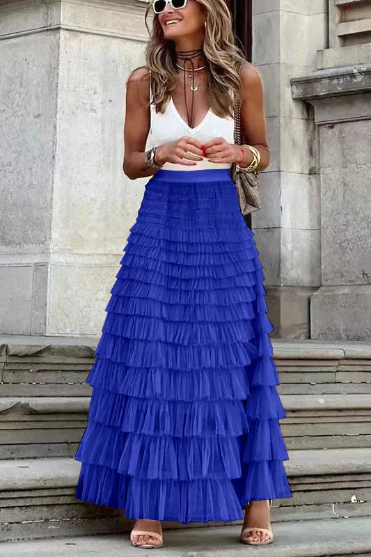 WW | Lässig Damen Solide Ballkleid Lange Rock Tüll Hohe Taille Plissierte Tutu Rock Elegante Damen Wildes Netz Dating Maxi Röcke Drop