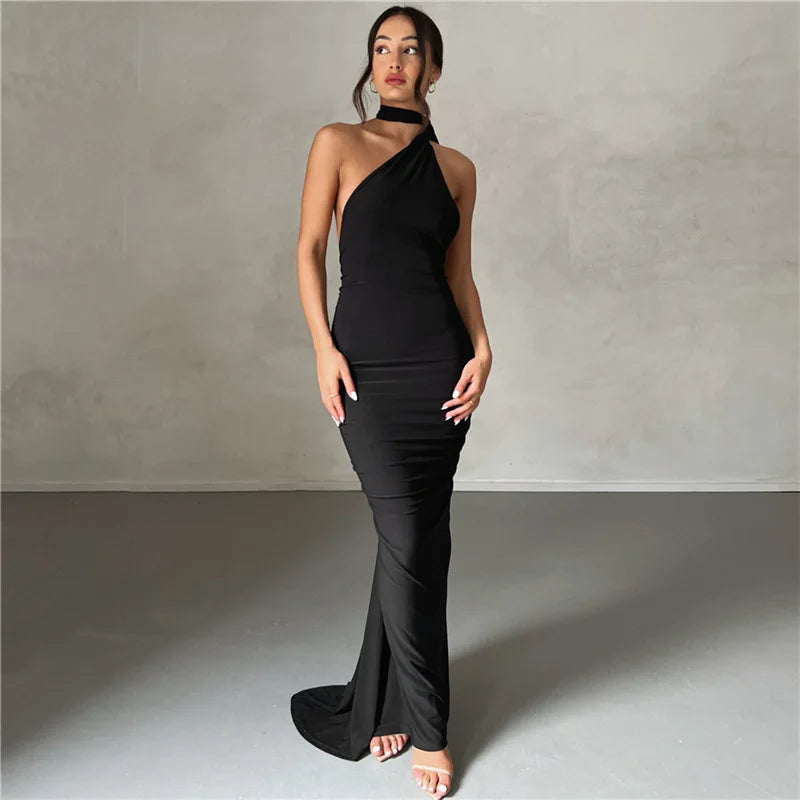 WW | Neue Mode Elegante Maxi Kleid für Frauen Sexy Ein Schulter Bodycon Slim Plissiert Einfarbig Rückless Kleider Fest Klub Kleidung