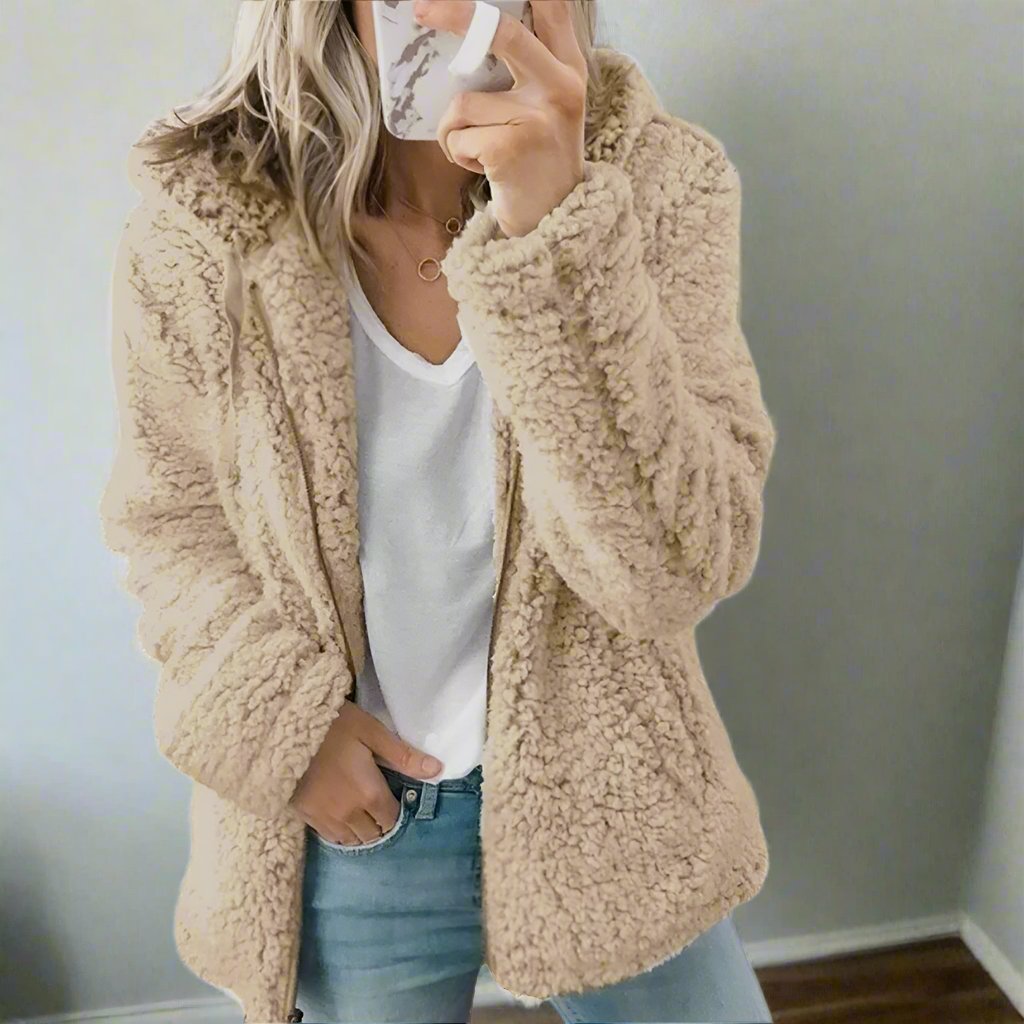 W&W Mode | Teddy-Fleecejacke mit Kapuze Damen - weiche Winterjacke mit Reißverschluss