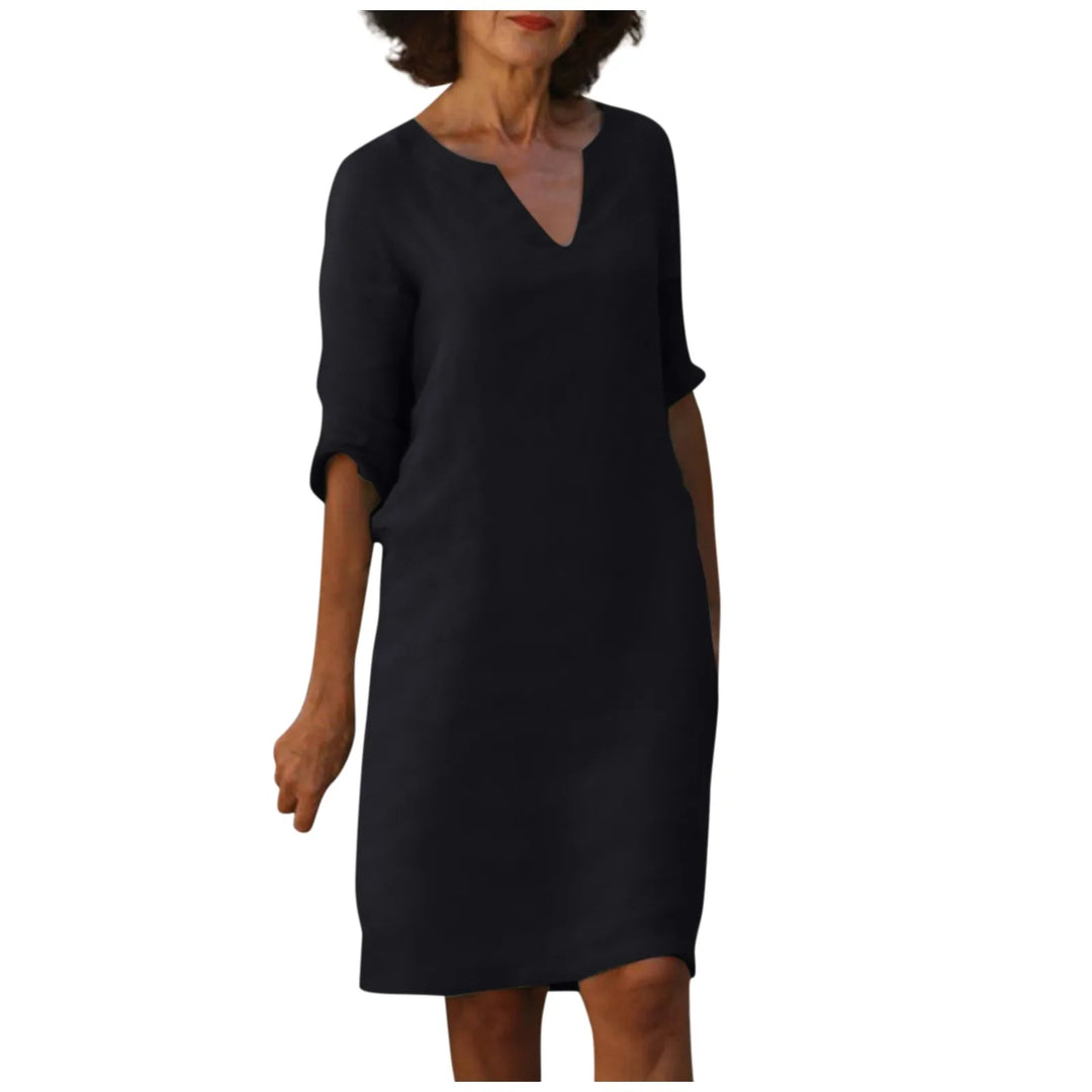 W&W Mode | Damen Baumwoll Leinen V-Ausschnitt Kleid Mit Halben Ärmeln