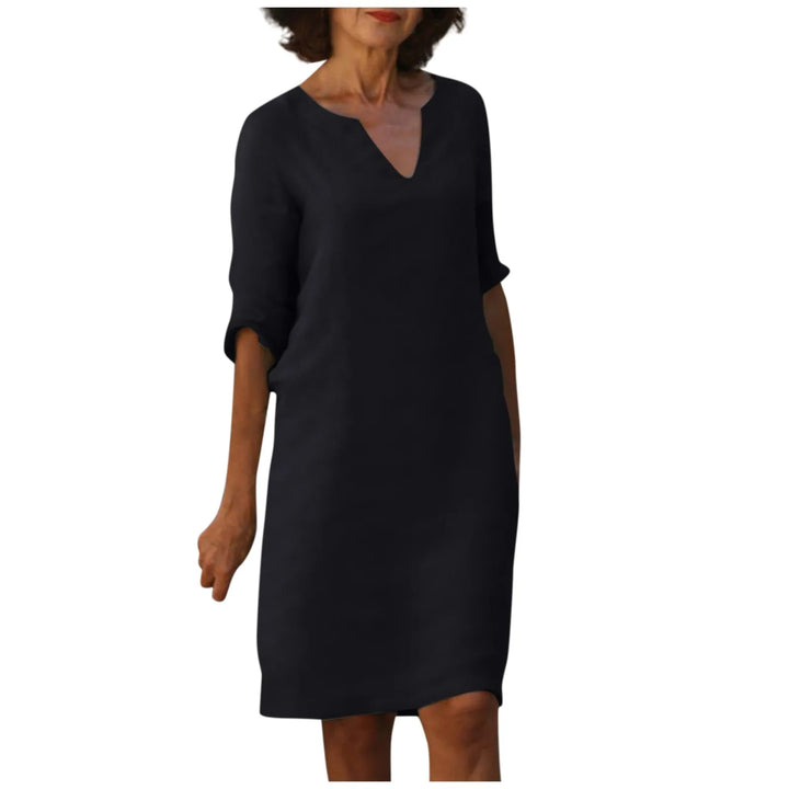 W&W Mode | Damen Baumwoll Leinen V-Ausschnitt Kleid Mit Halben Ärmeln