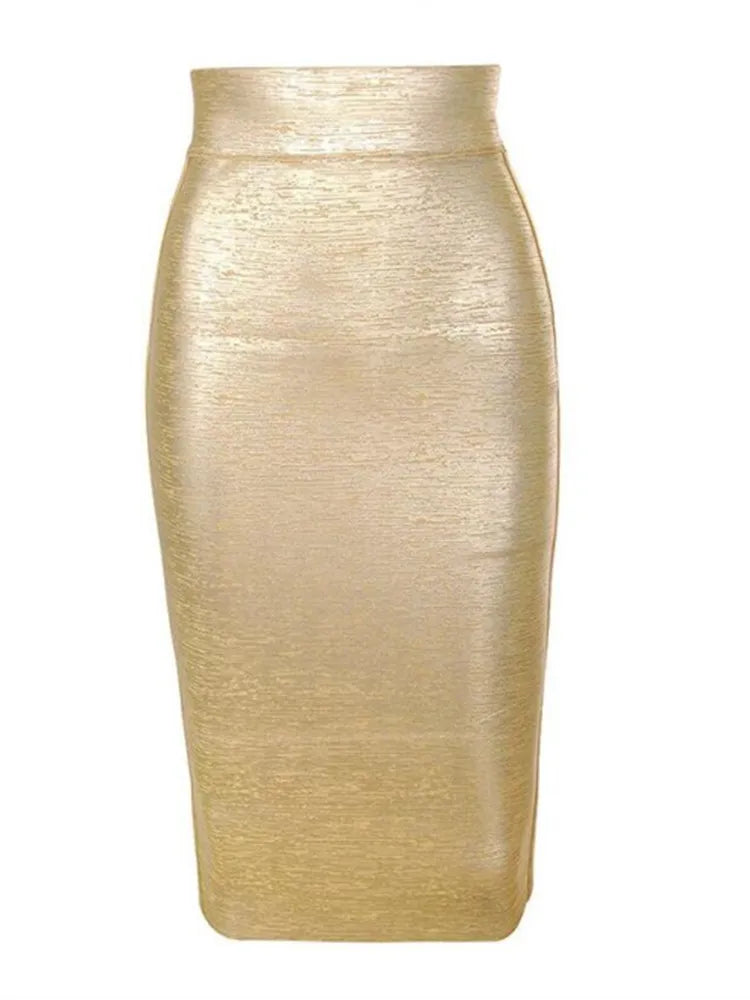 WW | Großhandel Frauen Sommermode Sexy Gold Bronze Bandage Rock Designer Nachtclub Bodycon Bleistiftrock Faldas 46Cm