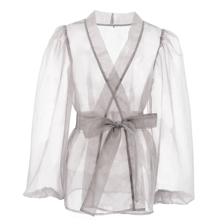 Damen Organza-Bluse mit Bindegürtel und transparentem Stoff