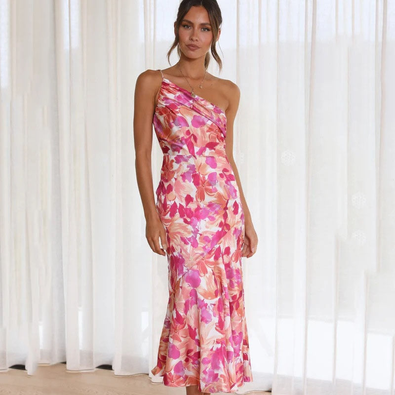 W&W Mode | Rosa Blüten Ein Schulter A-linie Satin Kleid Für Damen