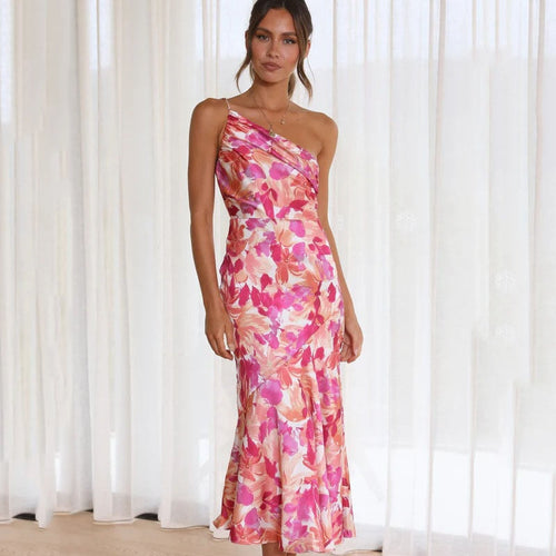 W&W Mode | Rosa Blüten Ein Schulter A-linie Satin Kleid Für Damen