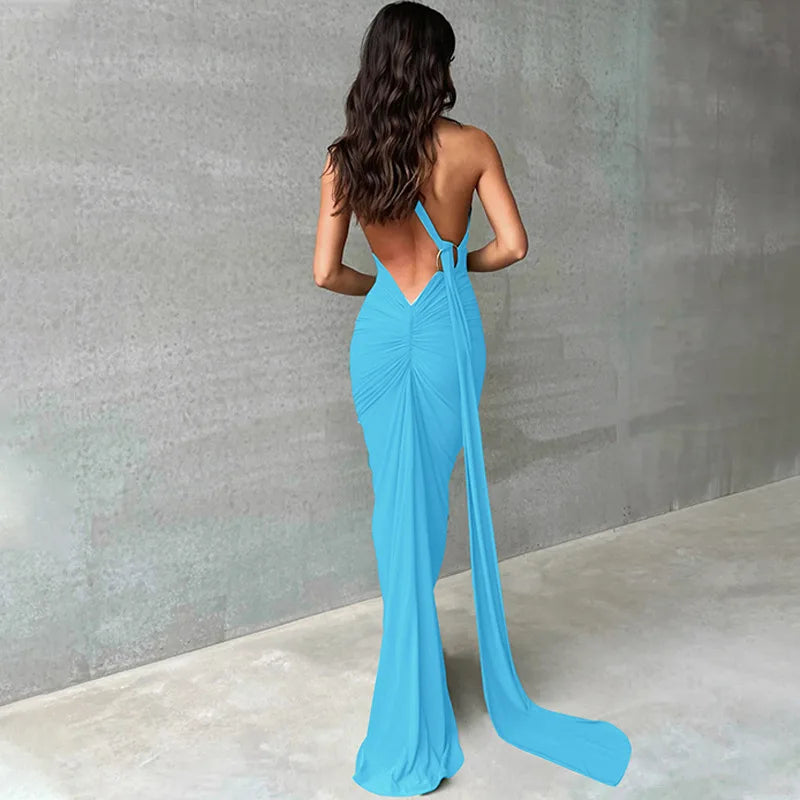 WW | Neue Mode Elegante Maxi Kleid für Frauen Sexy Ein Schulter Bodycon Slim Plissiert Einfarbig Rückless Kleider Fest Klub Kleidung