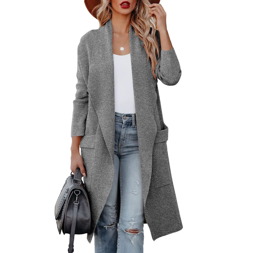 WW - Stilvoller Damen Freizeit langer einfarbiger Mantel mit Taschen