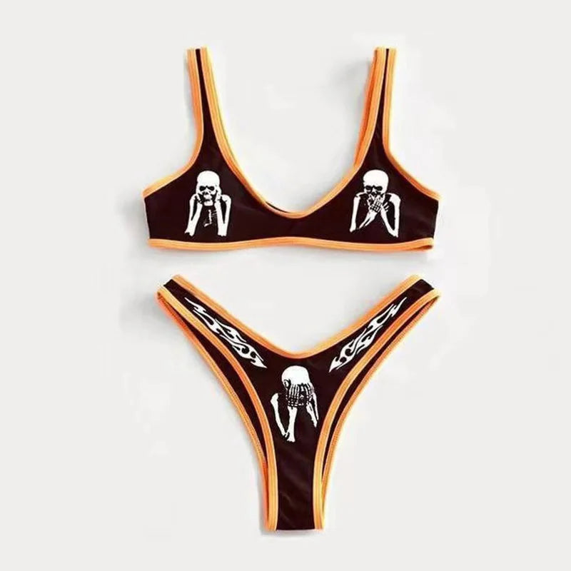 WW | Sexy Goth Bikini Frauen Buchstaben Totenkopf Druck Badeanzug Split Badeanzug Hohe Taille Gotische Bikini Set Strandoutfits