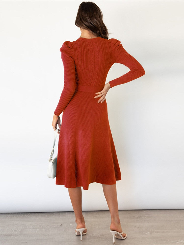 W&W Mode | Elegantes Gestricktes Midi Kleid Mit Gürtel Für Damen
