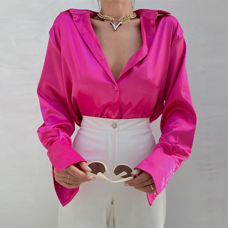 W&W Mode | Satinierte Bluse Mit Polo Kragen Seidenbluse Fürs Büro Weinlese Design Mit Lockerer Knopf Elegante Mode