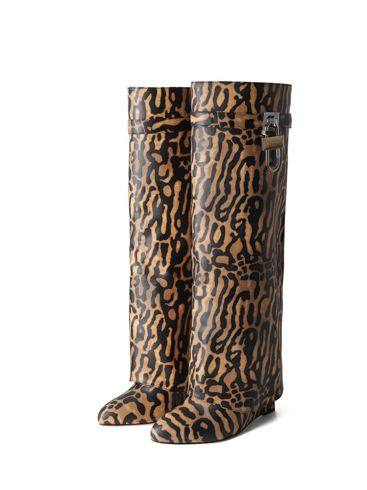W&W Mode | Damen Kniehoge Stiefel Shark Lock Lange Dicke Sohlen High Heels Stiefel Designer Luxusmarke Damen Lederstiefel