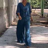 WW | Elegantes Zweiteiliges Set Aus Chiffonoberteil Und Hose Mit Weitem Bein