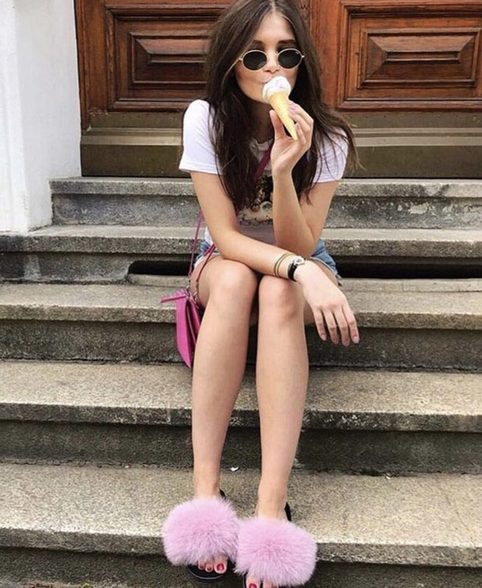 WW | Flauschige Echtfell Flip Flops Hausschuhe Sandalen