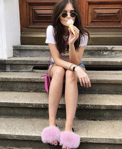 WW | Flauschige Echtfell Flip Flops Hausschuhe Sandalen