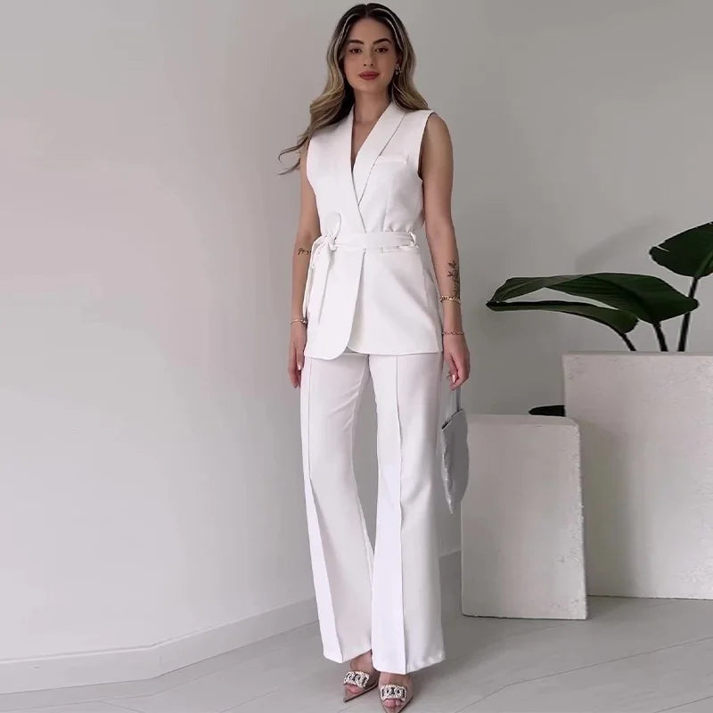 WW | Ärmelloser Blazer-Anzug Taillierte Passform Wickel-V-Ausschnitt Weite Hose