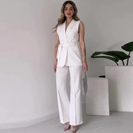 WW | Ärmelloser Blazer-Anzug Taillierte Passform Wickel-V-Ausschnitt Weite Hose