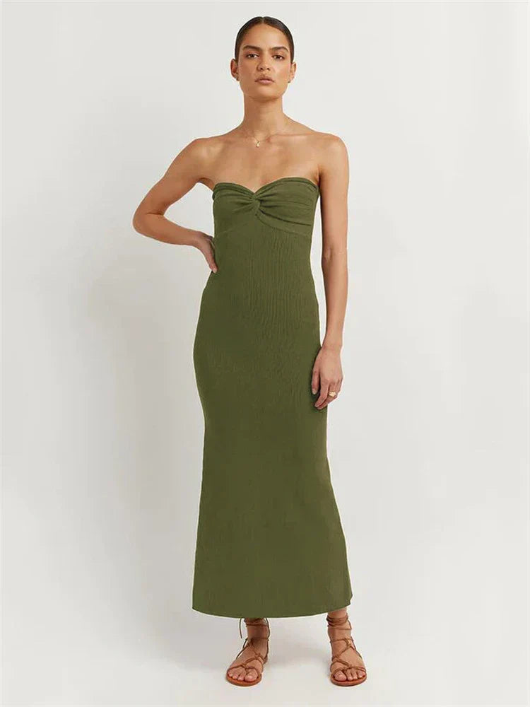 WW | Tossy Strapless Strick Maxi Kleider für Frauen Sommer Strandparty Bodycon Kleid Off Shoulder Twist Strick Abend Rückenfreies Kleid
