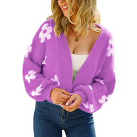 WW Damen Blumen-Cardigan | Laterneärmel, Sexy & Süß, Gestrickter Crop-Pullover