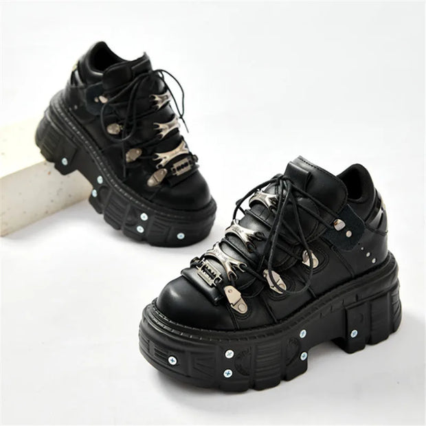 WW | Fashion Frauen Ankle Boots Damen Dünne Absätze Runde Spitze Schnürsenkel Metall Dekoration Sneakers Fräulein Nieten Punk Gothic Rock Schuhe