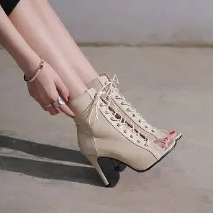 WW | Sandalen Höhle Mesh Absätze Gürtel Schnalle Damen Sommer Beige Schnürsenkel Sexy Offene Zehe Stiletto Jazz Tanz Fest Damenschuhe