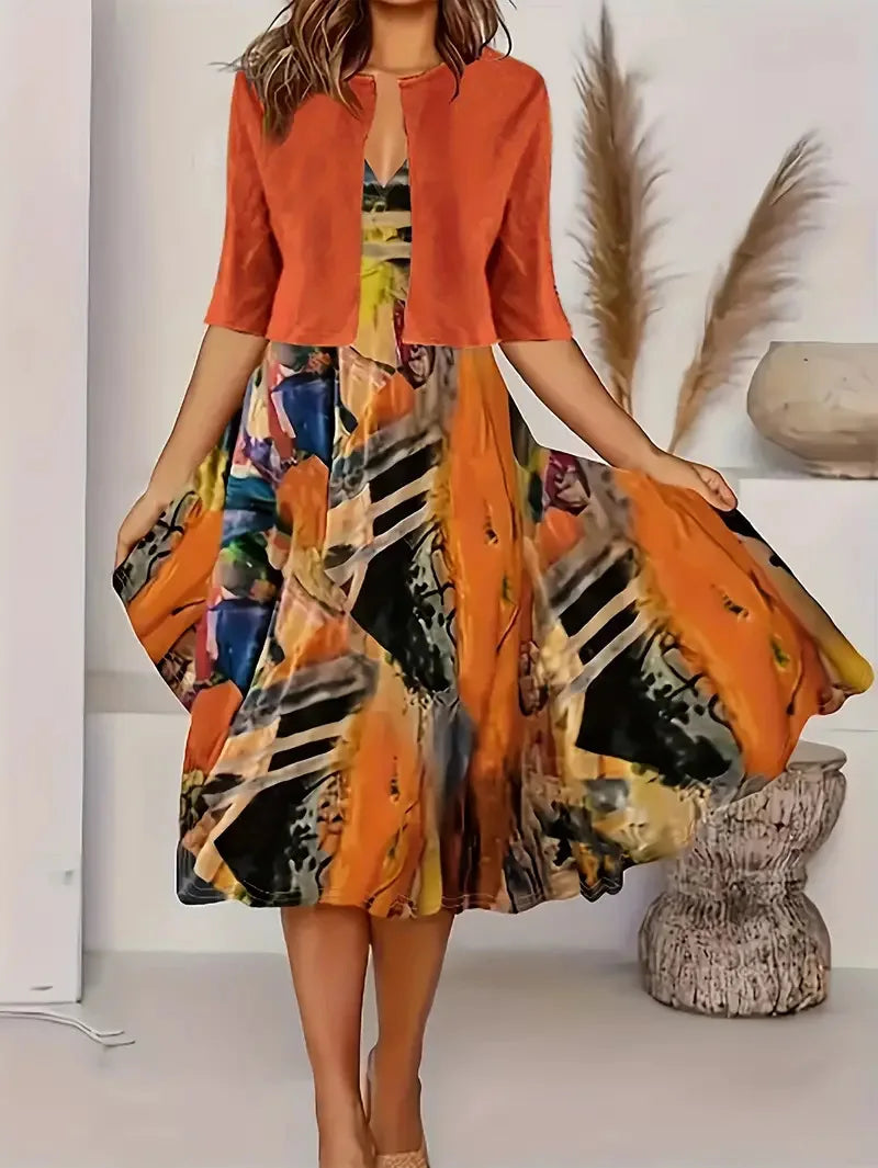 WW | Neu für Den Sommer! Eu Us Herbst Frau 2 Lang Kleid Set Blumen und Graspunkt Crew Neck Kleid mit Chiffon Kurzjacke