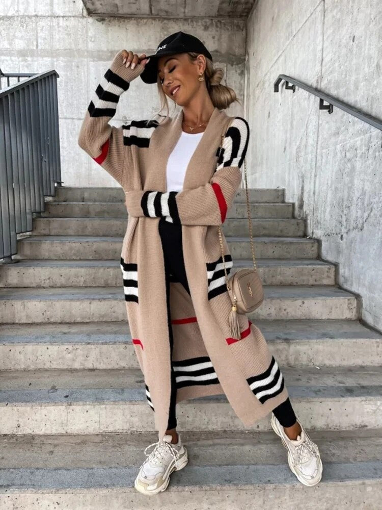 WW | Lange gestreifte Strickjacke für Damen