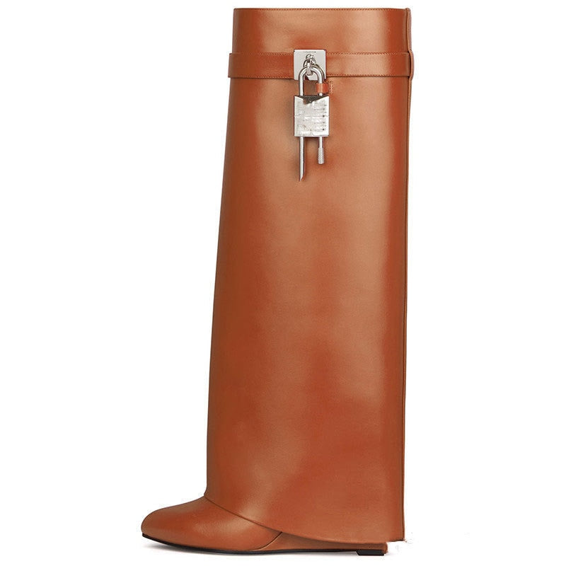 W&W Mode | Damen Kniehoge Stiefel Shark Lock Lange Dicke Sohlen High Heels Stiefel Designer Luxusmarke Damen Lederstiefel