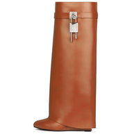 WW | Damen Kniehoge Stiefel Shark Lock Lange Dicke Sohlen High Heels Stiefel Designer Luxusmarke Damen Lederstiefel