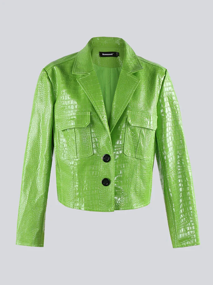 WW | Lautaro Frühling Herbst Kurz Cool Stylisch Glänzend Reflektierend Krokodilprint Patentantrag Pu Lederjacke Frauen Laufsteg Mode