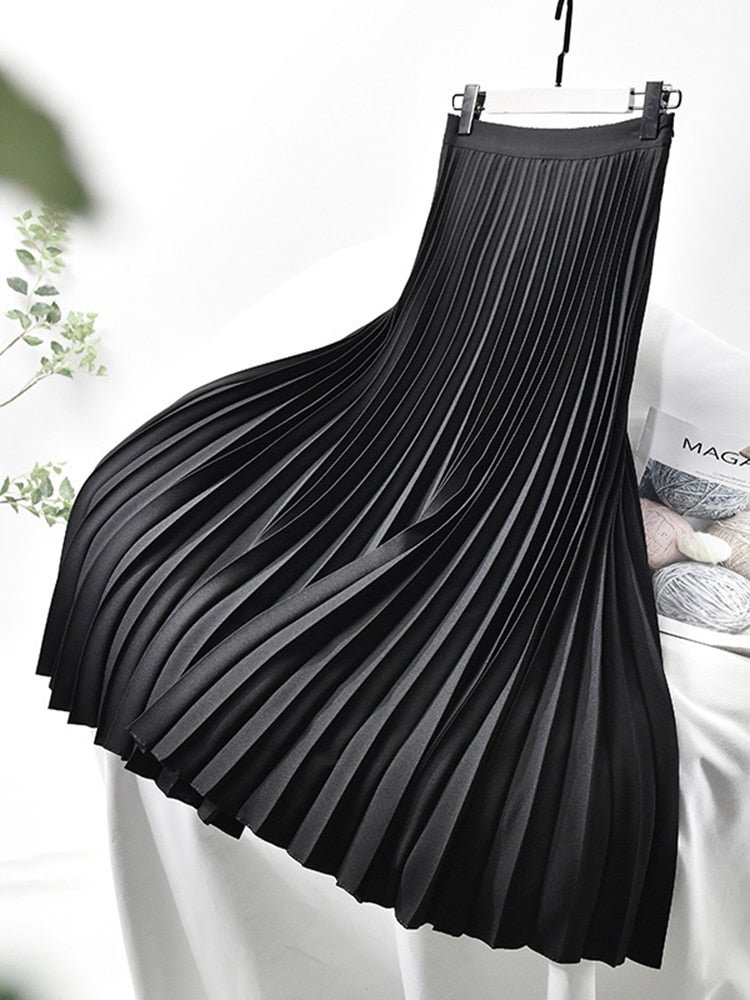 WW Markendesigner Damen Eleganter Schicker Solider Plisseerock Hohe Taille Luxusmode