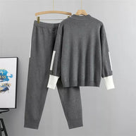 WW | Lässiges Herbst Strick Patchwork Oberteil und Hose Set für Frauen
