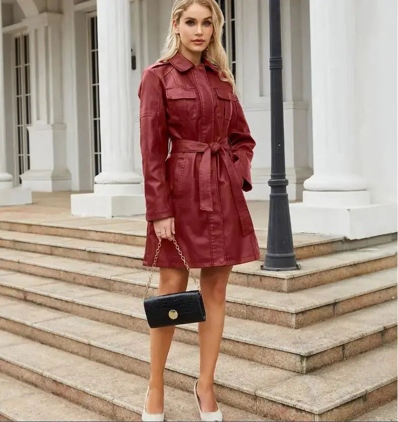 WW | Krawatte Taille Lange Ärmel Kunstleder Hemdkleid