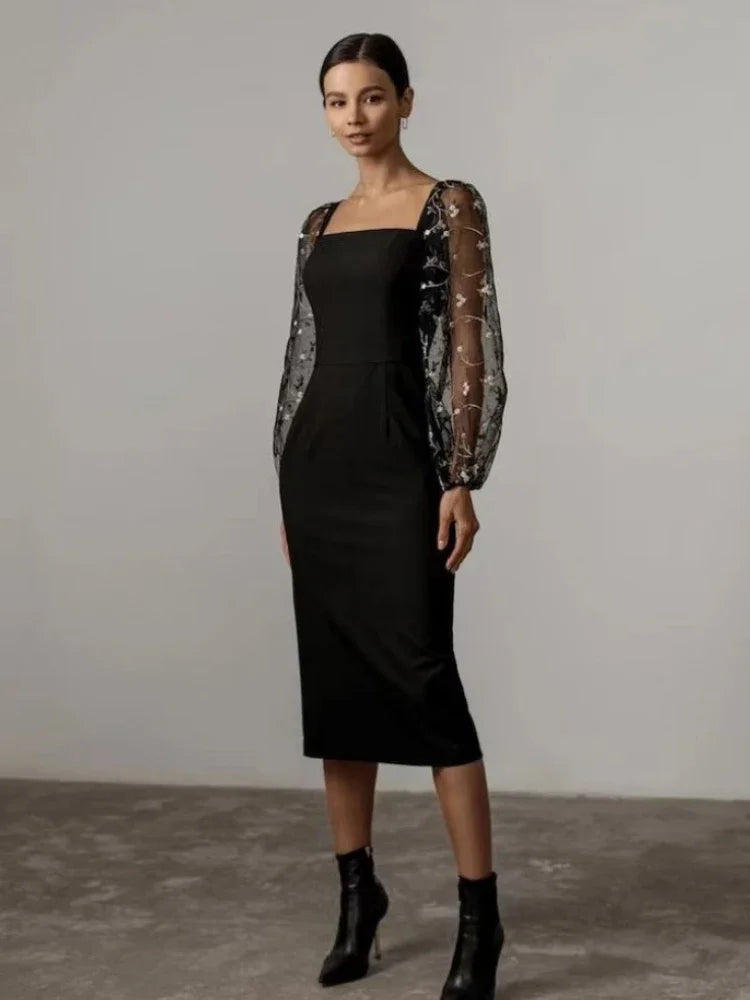 Elegantes Abend- und Partykleid mit Quadratischem Ausschnitt und Langen Ärmeln | W&W Mode
