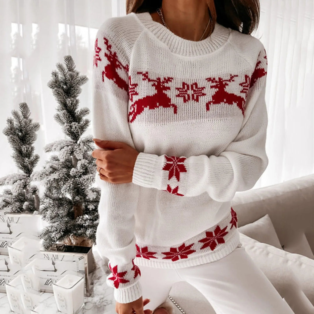W&W Mode - Hässlicher Weihnachtspulli - Bequemer Strickpulli mit O-Ausschnitt, Rentier- und Schneeflockenmuster