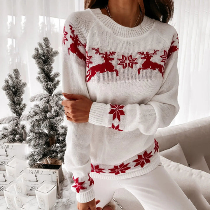 W&W Mode - Hässlicher Weihnachtspulli - Bequemer Strickpulli mit O-Ausschnitt, Rentier- und Schneeflockenmuster