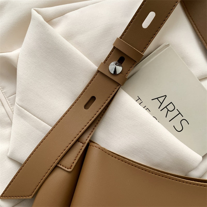 WW Hochwertige Damen Shopper Große Kapazität Schultertasche Reine Farbe Breiter Riemen Weiches PU-Leder