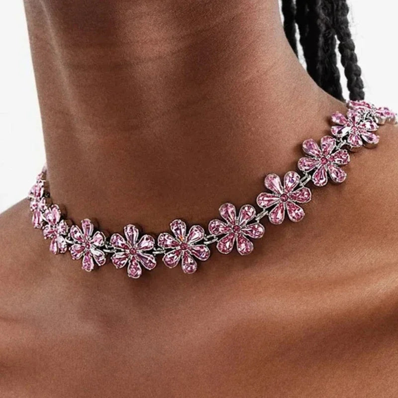 WW | Mode Pink Crystal Flowers Choker Necklace Statement Accessories Mode Frauen Rhinestone Collar Necklace Schlüsselbein Schmuck Ins