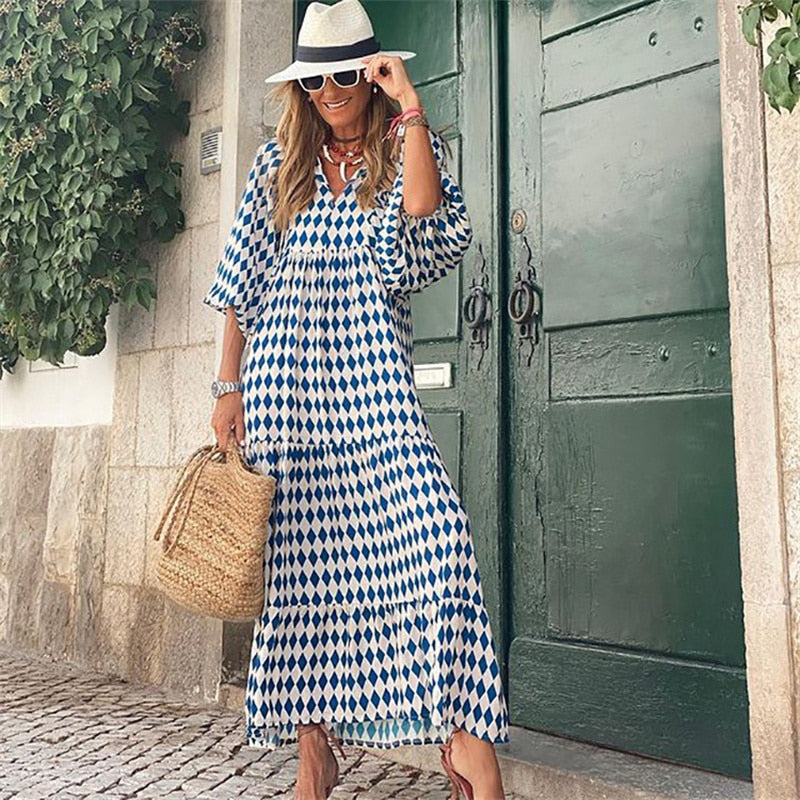 W&W Mode | Geometrisches Kleid mit Puffärmeln für Frauen
