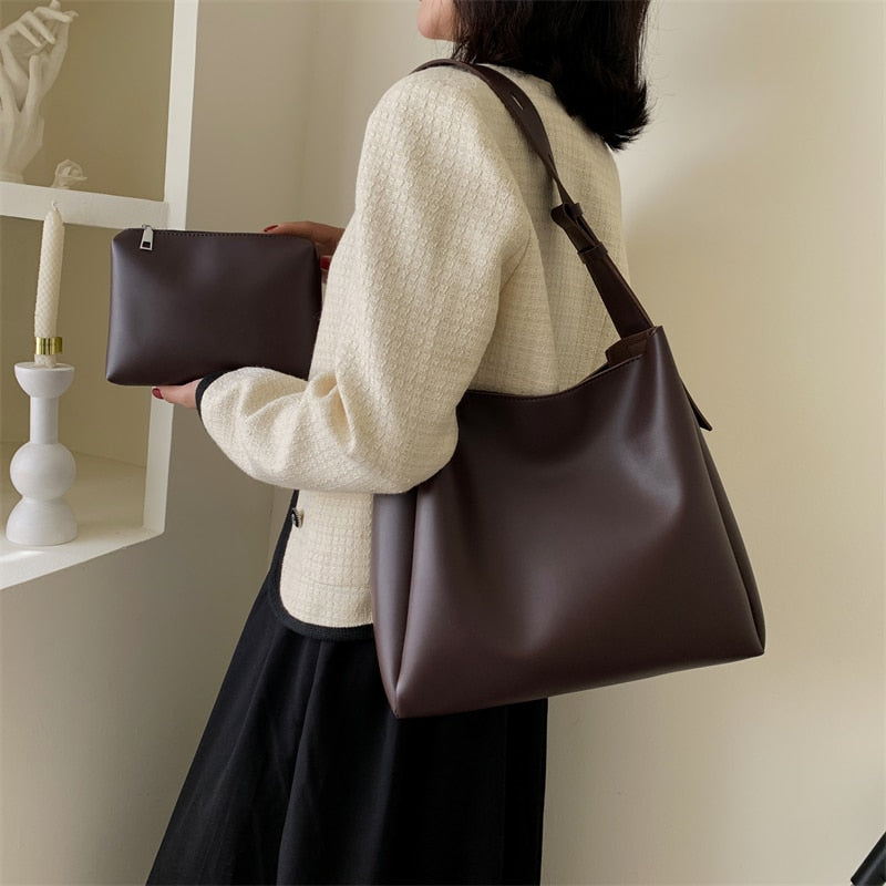 WW Hochwertige Damen Shopper Große Kapazität Schultertasche Reine Farbe Breiter Riemen Weiches PU-Leder