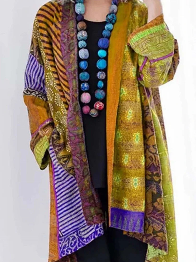 WW | Damen Strickjacke Aus Baumwoll Leinen Mit Ethno Print