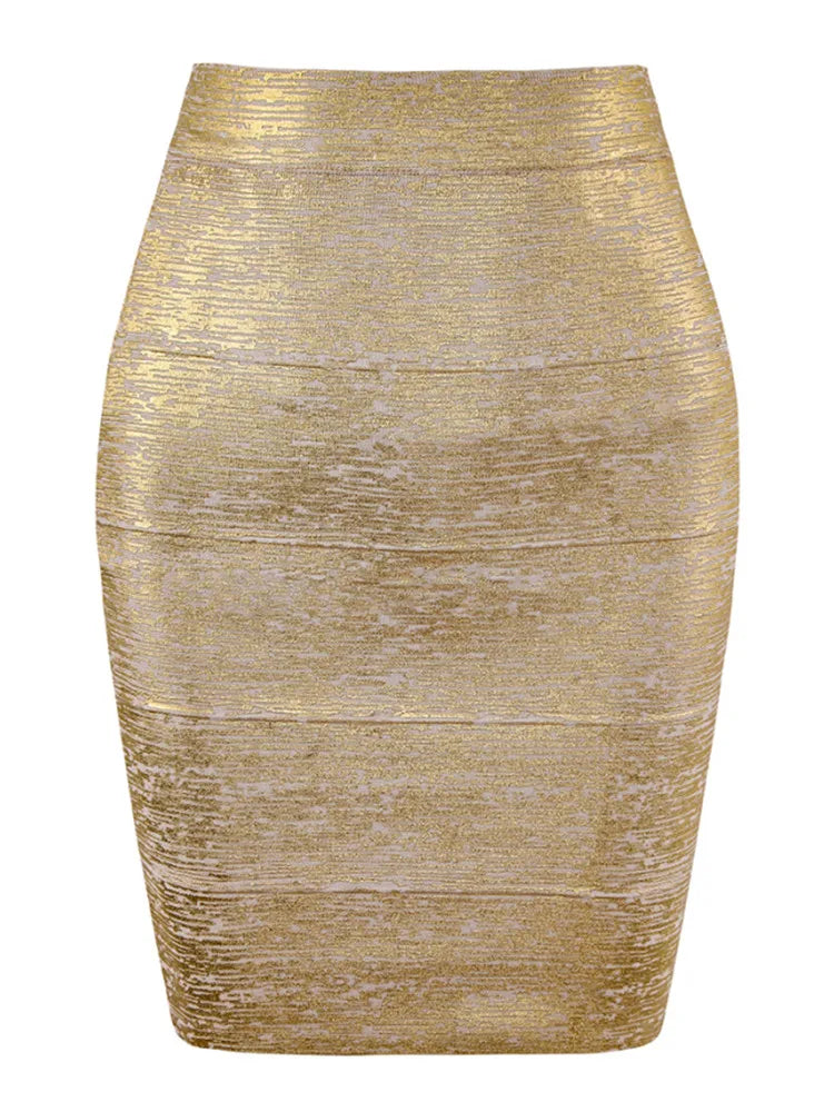 WW | Großhandel Frauen Sommermode Sexy Gold Bronze Bandage Rock Designer Nachtclub Bodycon Bleistiftrock Faldas 46Cm