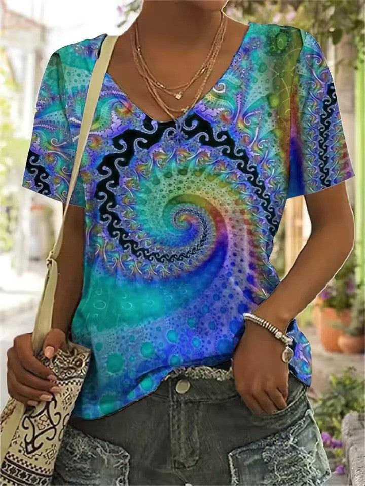 WW | Lebhaftes Retro-T-Shirt mit V-Ausschnitt für Damen
