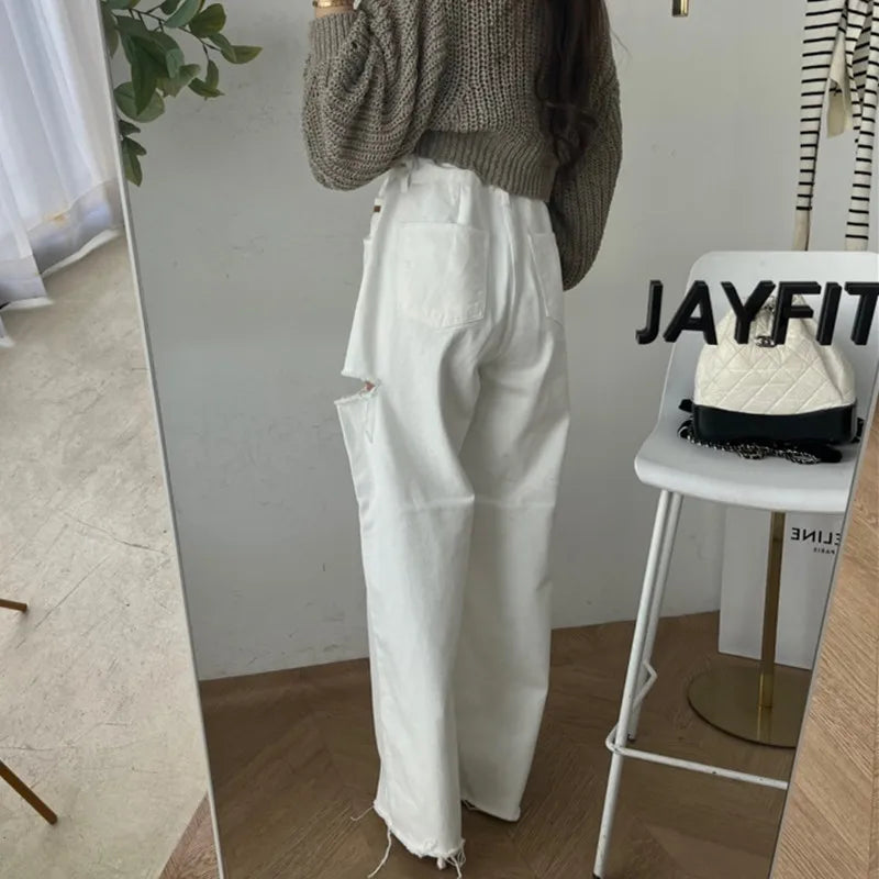 WW | Y2K Mode Kleidung Weiße Baggy Riss Breite Bein Jeans Hosen für Frauen Kleidung Gerade Neu Rock Baumwolle Damen Schick Lange Hosen