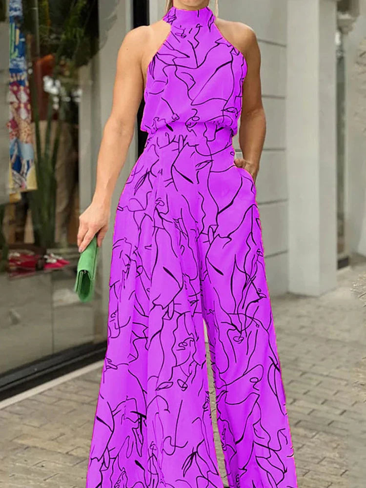WW | Damen Elegante Taille Halterneck Jumpsuit Lässiger Druck Bindung Ohne Ärmel Breite Beine Lange Hosen Sommer Kleidung