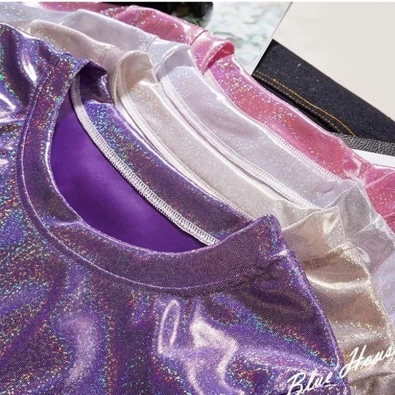 WW | S 5Xl Damen Funkelnd Shiny Metallisch Holografisch Rundhals Kurzarm Lässig Lose Top Festival Party T-Shirt Damenbekleidung